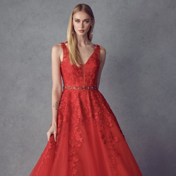 NEW LONG SLEEVELESS A-LINE POLYESTER DRESS EMBROIDERED WITH FLORAL LACE JT 224 - Picture 4 of 9